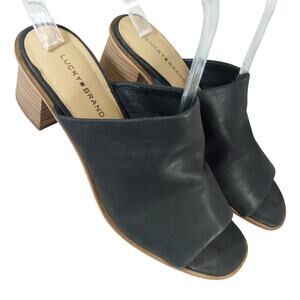 LUCKY BRAND! BLACK GENUINE LEATHER CHUNKY STACKED HEEL SANDALS, HEELS! SZ 8M